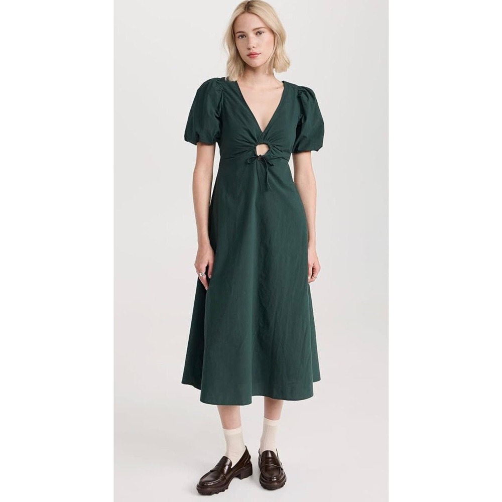 MADEWELL Green Terri Poplin Cutout Puff-Sleeve Midi Dress NWT Size 00